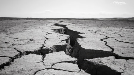 The image depicts a stark landscape of cracked earth, showcasing the severe effects of drought and climate change on natural environments and agriculture.の素材