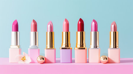 Discover a stunning array of vibrant lipsticks displayed elegantly against a soft pastel background, complemented by a delicate flower, perfect for beauty enthusiasts.の素材