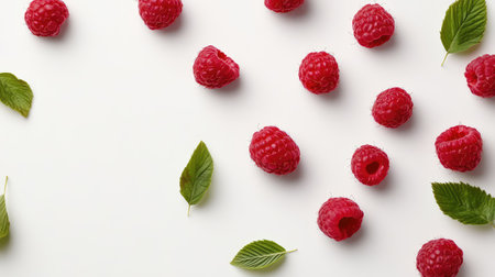 A beautiful arrangement of fresh ripe raspberries scattered with green leaves on a clean white background. This vibrant display emphasizes health and nature, perfect for culinary themes.の素材