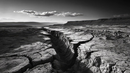 A striking black and white photograph showcasing a cracked earth landscape marked by deep crevices, rugged terrain, and distant mountains under a cloudy sky.の素材