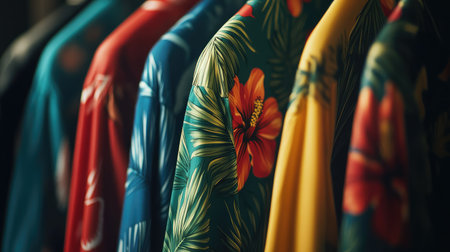 A closeup view of vibrant tropical shirts hanging on a rack, featuring eye-catching floral patterns and lush green leaves, perfect for summer fashion styles.の素材