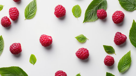 A visually appealing arrangement of fresh raspberries and green leaves on a light background, showcasing vibrant colors and textures perfect for health-focused themes.の素材