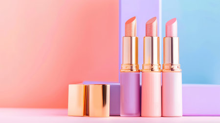 This image features a stunning collection of lipsticks arranged elegantly against soft pastel backgrounds, showcasing vibrant colors and modern packaging.の素材