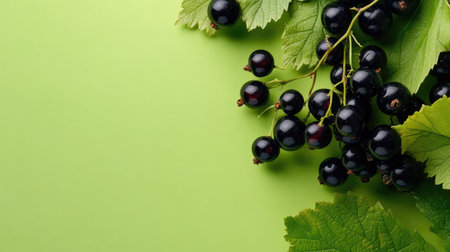 This image showcases ripe black currants nestled among lush green leaves, set against a soft green background. Perfect for health-focused content.の素材