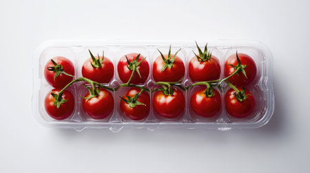 A vibrant display of fresh cherry tomatoes arranged in a plastic tray, showcasing their bright red color and green stems, perfect for culinary uses.の素材