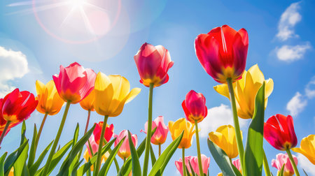 A stunning view of a vibrant tulip field, showcasing bright red, yellow, and pink flowers under a clear blue sky, illuminated by sunlight.の素材