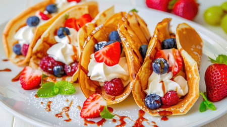 Enjoy a tempting visual of fresh crepes filled with strawberries, blueberries, and raspberries, drizzled with chocolate and topped with fluffy whipped cream, perfect for any occasion.の素材