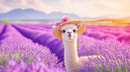 A delightful alpaca wearing a straw hat stands among vibrant lavender flowers, creating a serene scene bathed in soft sunrise light. Perfect for nature lovers.の素材