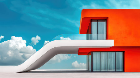 This striking image showcases a modern architectural marvel featuring a bright orange facade and a unique white staircase, set against a vivid blue sky.の素材