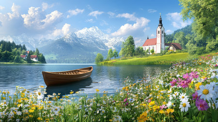 A stunning landscape featuring a tranquil lake with a wooden boat, colorful flowers on the banks, a charming church, and majestic snowy mountains in the background.の素材