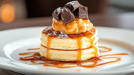 A scrumptious stack of fluffy pancakes drizzled with rich caramel sauce and topped with chunks of chocolate, perfect for brunch or a delicious dessert.の素材