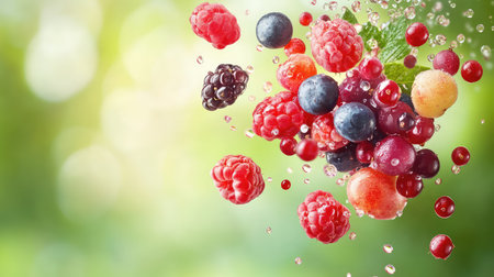 This captivating image showcases a variety of fresh summer berries, including raspberries and blueberries, suspended in mid-air with sparkling water droplets, set against a soft green background. Perfect for health and diet themes.の素材