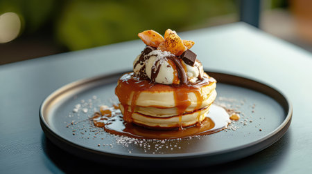 A visually striking stack of fluffy pancakes elegantly topped with rich ice cream, decadent chocolate pieces, and a sweet caramel sauce, perfect for breakfast or dessert.の素材