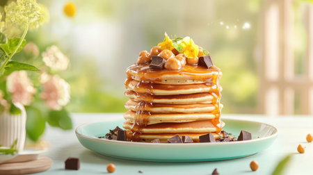 A stunning stack of fluffy pancakes drizzled with golden honey, topped with crunchy nuts and rich chocolate, perfect for breakfast or dessert.の素材