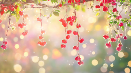 A stunning display of delicate pink flowers hanging gracefully from branches, set against a dreamy bokeh background that evokes a sense of tranquility and beauty.の素材