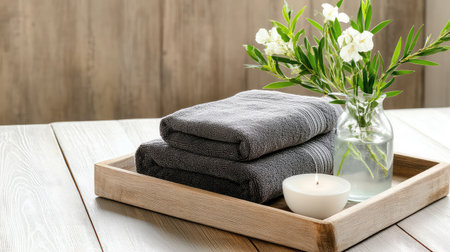 A serene spa setup featuring plush gray towels, delicate flowers in a glass vase, and a calming candle on a rustic wooden tray, embodying tranquility.の素材
