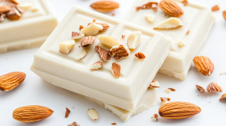 This enticing image features a close-up of a creamy white chocolate bar adorned with sliced almonds, creating a perfect dessert for chocolate lovers.の素材