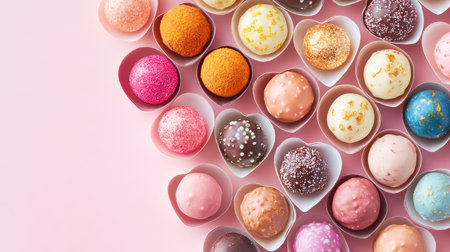 A vibrant display of assorted truffles and chocolate bonbons in heart-shaped cups, perfect for celebrations, festivals, or gifting. The colorful treats showcase rich textures and flavors, inviting indulgence.の素材