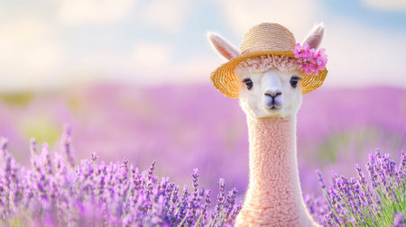 A delightful alpaca adorned with a straw hat and pink flower stands proudly in a beautiful lavender field, embodying charm and whimsy against a vibrant backdrop.の素材