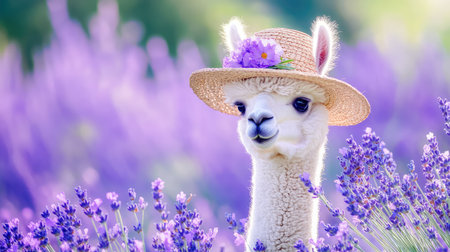 A charming alpaca wearing a straw hat adorned with flowers stands amidst vibrant lavender blossoms, creating a serene and delightful spring scene.の素材
