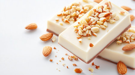 A tempting close-up of a creamy chocolate bar adorned with crunchy almond pieces, perfect for dessert lovers seeking sweet indulgence.の素材
