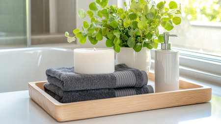 This image showcases a tranquil bathroom scene featuring plush towels, a serene candle, and refreshing greenery, creating a perfect atmosphere for relaxation and pampering.の素材