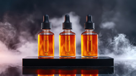 This captivating image features three elegantly arranged bottles of amber liquid with droppers, set against a dramatic smoky background. The focus on the glass containers highlights the richness of the liquid, evoking a sense of luxury and natural wellness. Perfect for graphic use in beauty, health, or aromatherapy contexts.の素材