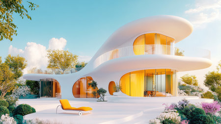 This image showcases a stunning futuristic house with fluid architectural shapes, bright yellow accents, and a serene garden filled with beautiful flowers.の素材