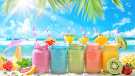 A vibrant collection of refreshing summer smoothies in jars, garnished with tropical fruits, set against a sunlit beach backdrop, embodying relaxation and joy.の素材