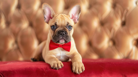 This adorable French bulldog puppy exudes charm and personality while posing on a plush sofa. With its stylish red bow tie, it offers a perfect portrait of cuteness and joy in an elegant indoor setting.の素材