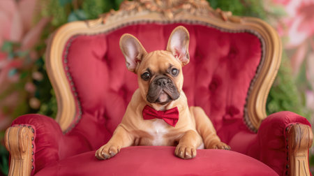This charming French Bulldog puppy sits elegantly on a plush red couch, wearing a stylish bow tie. The vibrant colors and lush greenery enhance its adorable expression.の素材