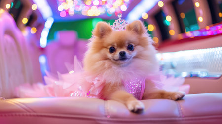 Delightful Pomeranian dog dressed in a sparkling pink outfit sits elegantly inside a luxurious limousine, surrounded by colorful lights. Perfect for pet lovers.の素材
