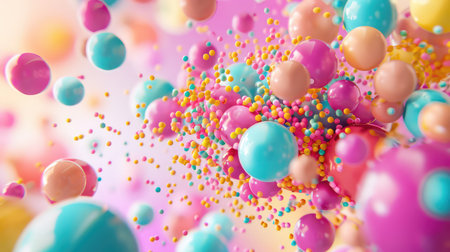 This vibrant abstract image features a multitude of colorful balls and particles floating through a soft backdrop, creating a sense of joy and whimsy.の素材