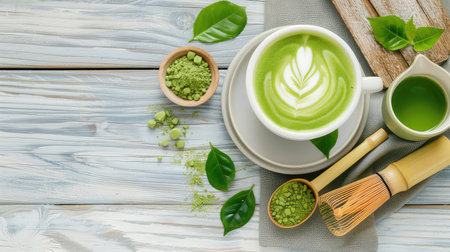 An inviting green tea latte featuring rich matcha powder, surrounded by natural ingredients. Perfect for health enthusiasts and tea lovers.の素材