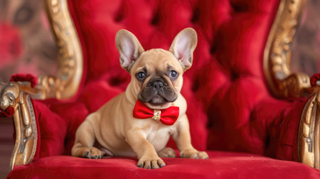 A charming French Bulldog puppy sits elegantly on a luxurious red chair, showcasing a stylish red bow tie. This delightful portrait captures the puppy's playful yet sophisticated personality, making it an ideal image for pet lovers and fashion aficionados alike.の素材