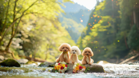Three adorable fluffy dogs are sitting by a gentle river, surrounded by vibrant flowers and lush greenery. This serene outdoor setting captures the essence of joy and companionship.の素材