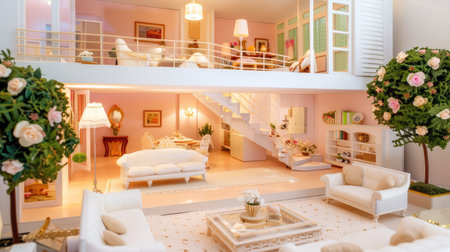 This captivating image showcases a beautifully designed miniature dollhouse, featuring elegant living spaces with cozy decor and charming details that inspire creativity.の素材