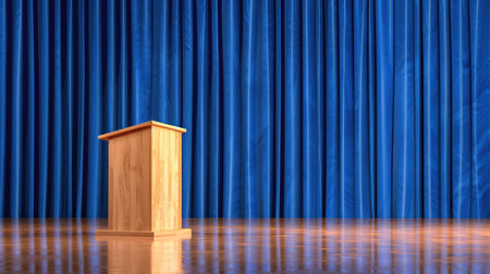 A wooden podium stands prominently on a polished stage, surrounded by rich blue curtains that create an elegant backdrop for presentations or speeches.の素材