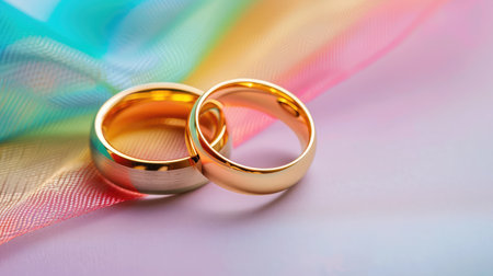 Beautiful gold rings intertwined atop rainbow background symbolizing support, pride, equality, and everlasting loveの素材