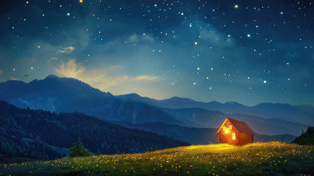 A small warm glowing hut nestled in a vast dark landscape, soft amber light shining through wooden windows, countless stars sparkling overhead creating peaceful solitudeの素材