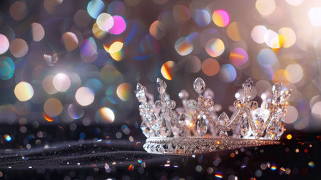 Close-up of silver crystal crown glowing softly on black velvet with refracted abstract lights creating magical sparkleの素材
