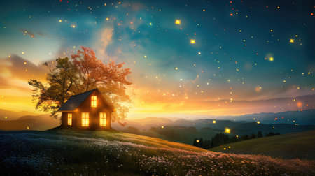 Cozy illuminated hut surrounded by deep darkness, warm golden lights glowing softly while brilliant star-filled sky stretches endlessly above tranquil wildernessの素材