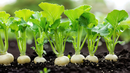 Close-up of turnip plants with healthy green tops emerging from dark earth, organic growth conceptの素材