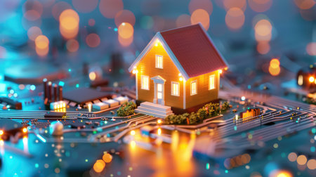 Compact glowing house contrasting against shadowy motherboard landscape, highlighting smart city evolution and tech connectivityの素材