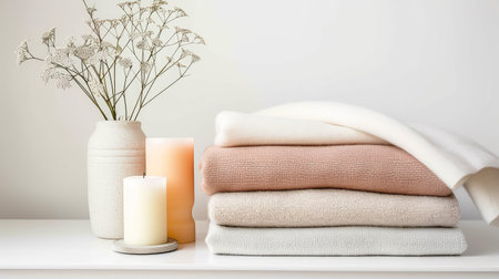Cozy natural-textured cloth pieces layered in gentle earthy palette, artisanal quality highlighted in simple clean settingの素材