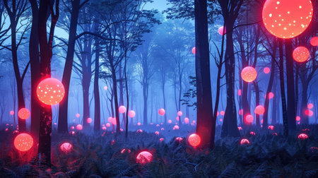 Enchanted twilight forest shrouded in mist, glowing red orbs floating between tall dark trees, magical mysterious atmosphere with dreamy light particles and soft fogの素材
