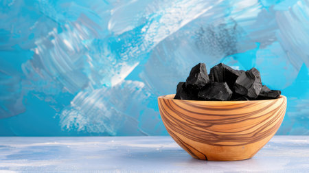 Dark glossy shilajit chunks in handmade wooden bowl rough blue backdrop emphasizing raw authenticity and natural vitalityの素材