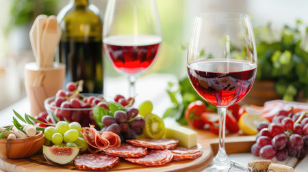 Cozy rustic tabletop scene showcasing red wine glasses and curated charcuterie board fresh ingredients wooden board afternoon natural lightの素材