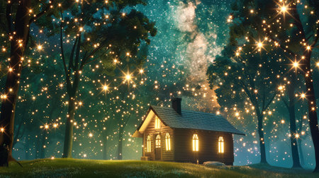 Enchanted night hut nestled in trees surrounded by crisp glowing stars nature silence dreamy fantasy retreat atmosphereの素材