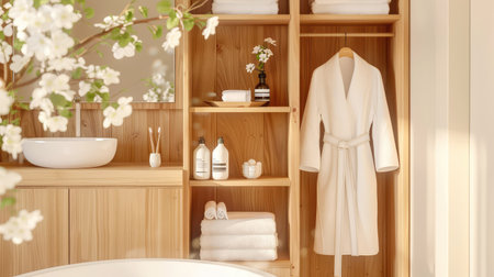 Premium hospitality concept featuring a thick white bathrobe displayed in spacious wooden wardrobe, inviting warmth and serenityの素材